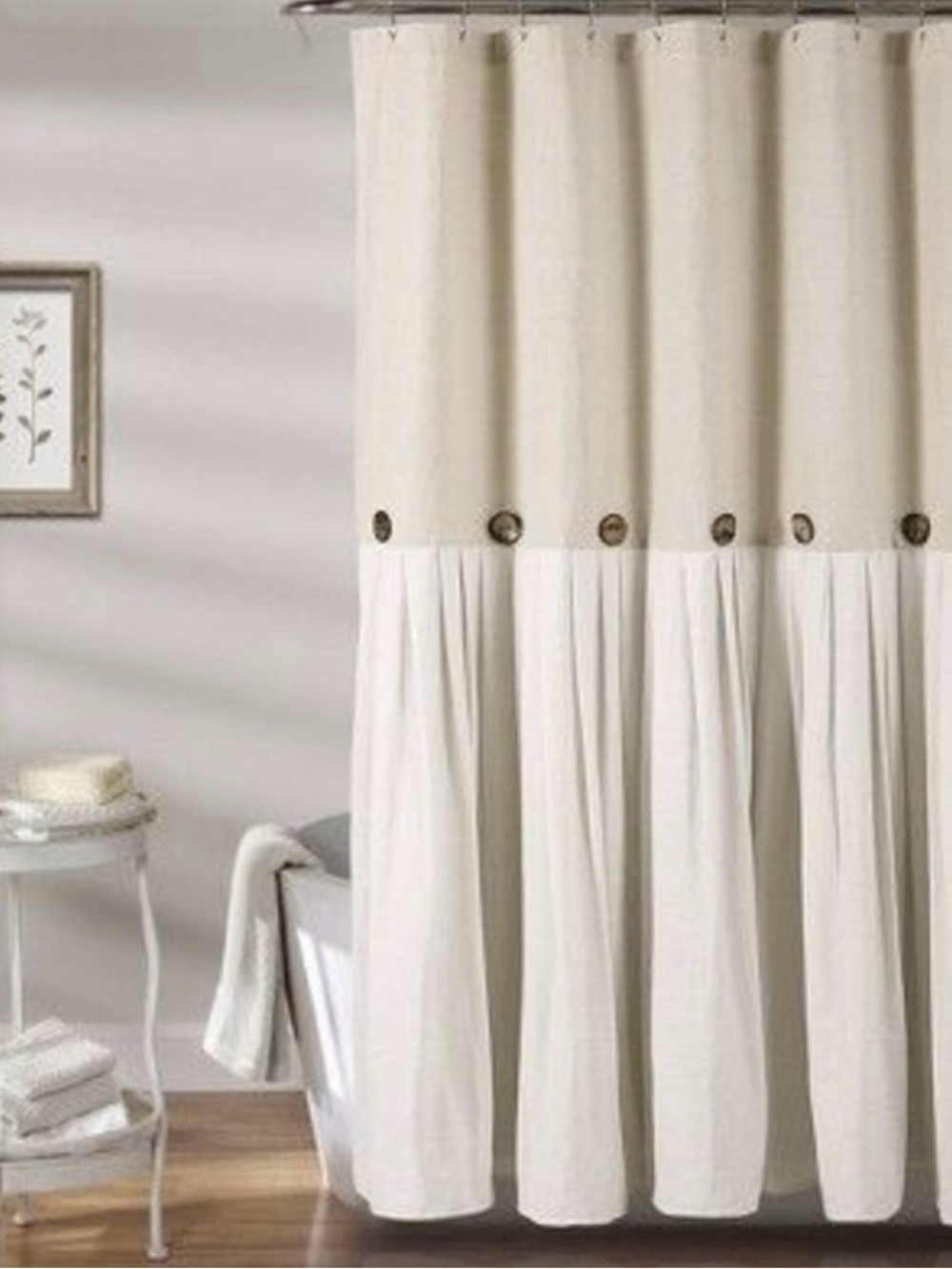 LUSH Decor Cotton Blend Linen Cream Two-Tone Shower Curtain Button Accent NWT